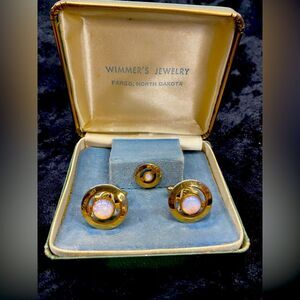 Gold Tone Round Tie Tack & Cufflinks Moonstone Opalite Mens Jewelry Original Box